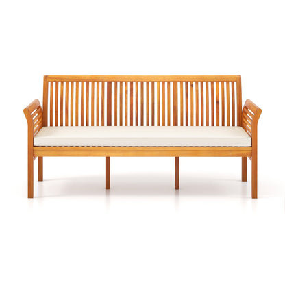 62.5 Inches Patio 3-Seat Wood Bench with Soft Seat Cushions-White