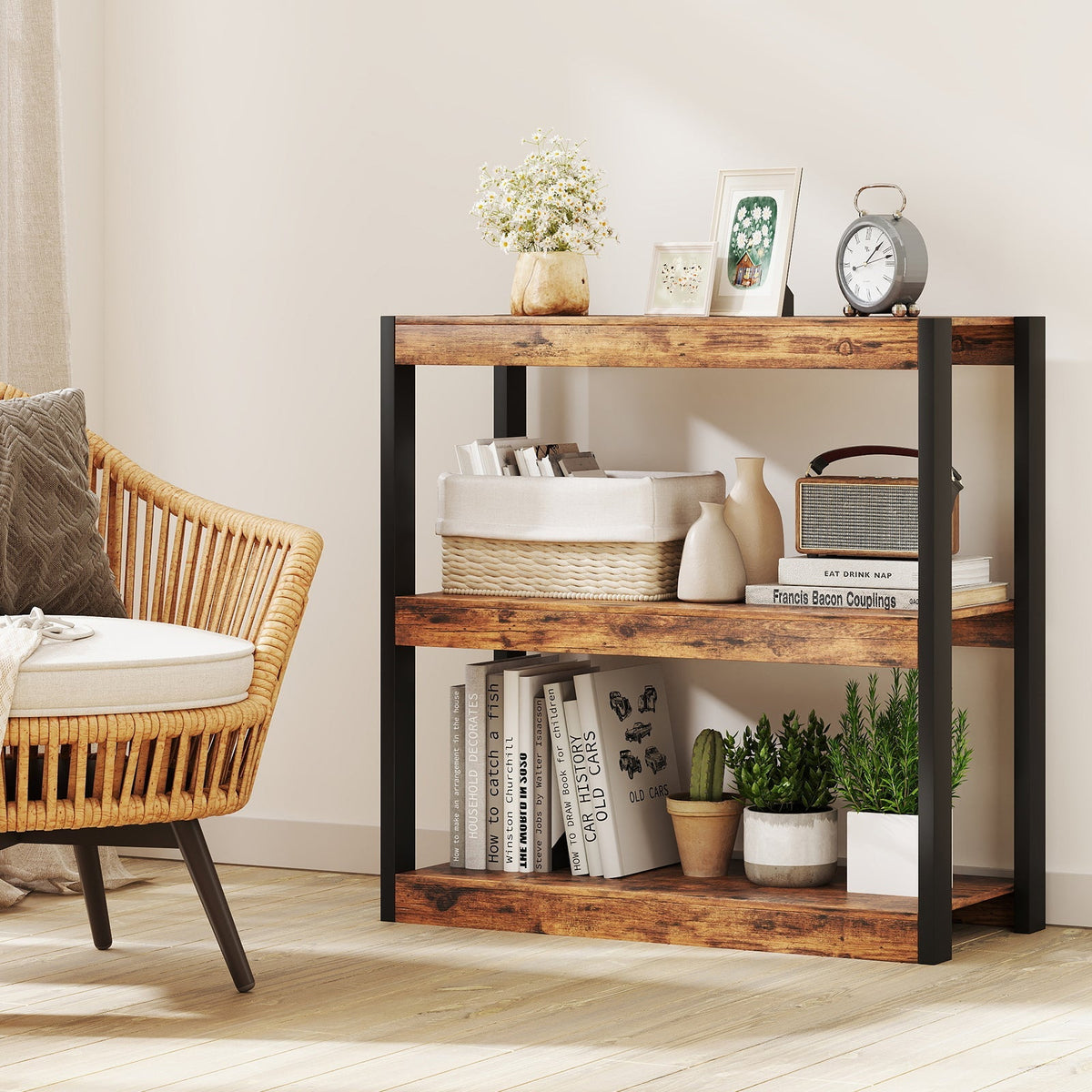 3 Tier Bookshelf Wooden Bookcase with Dual Anti-Tipping Kits