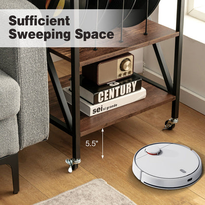 3 Tiers Vintage Style Rolling End Table with 3 Dividers for Albums-Brown