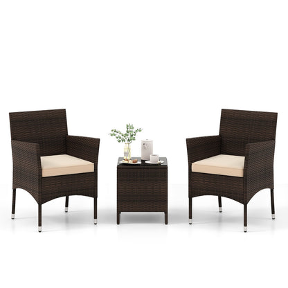 3 Pieces Outdoor Conversation Set with Cushioned Seat and Glass Tabletop