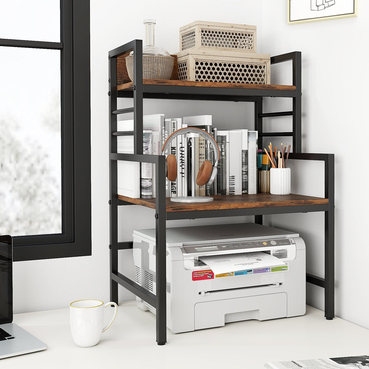 3-Tier Microwave Stand with 2 Open Shelves and Heavy-duty Metal Frame-Rustic Brown