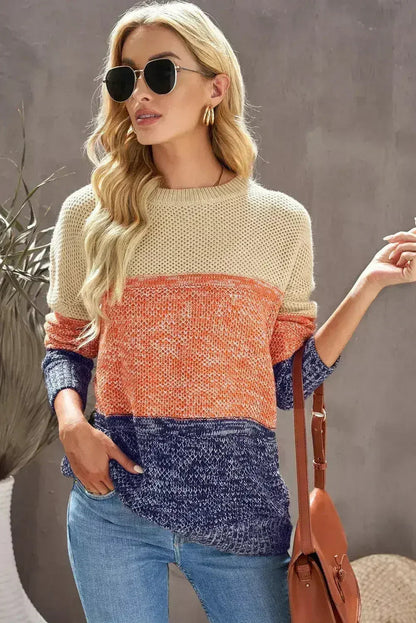 Color Block Round Neck Long Sleeve Sweater