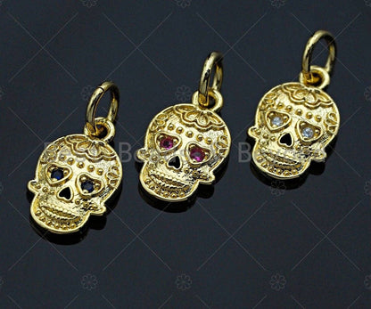 18K Gold Colorful Micro Pave Skull Pendant, Dainty Gold Skul