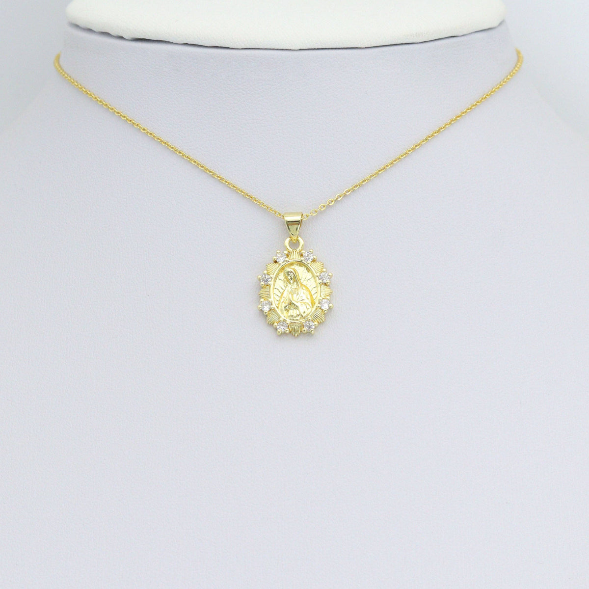 Clear CZ Gold Virgin Mary On Oval Picture Frame Charm Pendant, Sku#LK1204