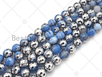 Natural Half Silver Plated Light Blue Agate Beads, 8mm/10mm/12mm Round Faceted Agate Beads, 15.5 Full Strand, sku# UA123