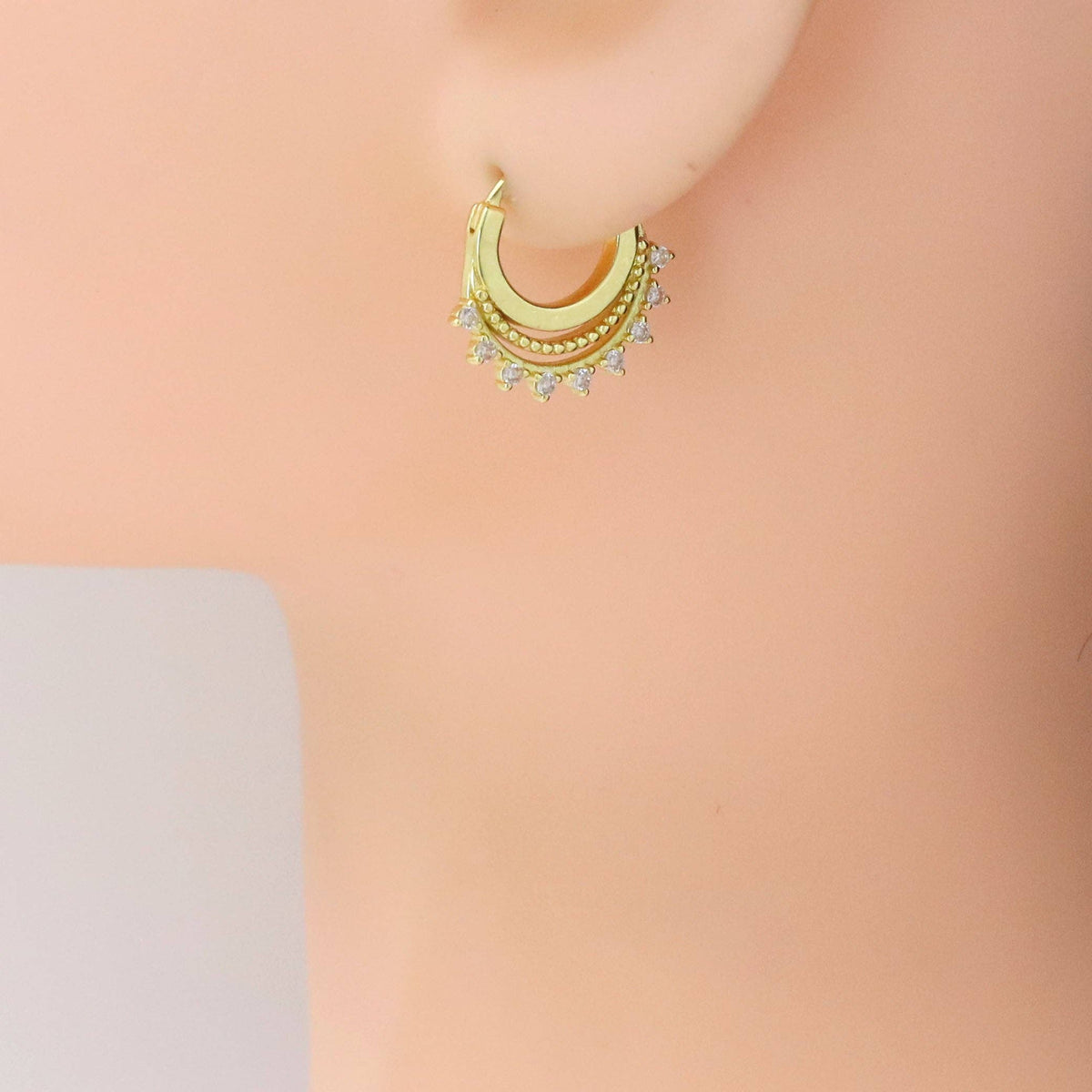 Gold Silver Triangle CZ Half Circle Spike Earrings, Sku#A306