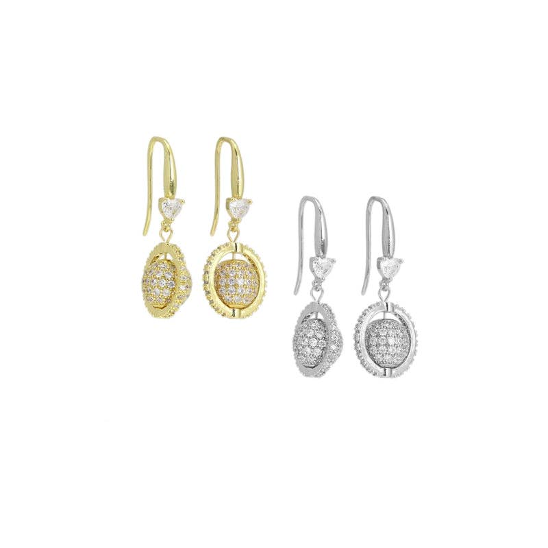 Gold Silver CZ Heart Planet Dangle Earrings, Sku#A211