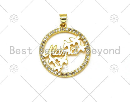 CZ Micro Pave MAMA Word Flower On Round Ring Shape Pendant, 18K Gold Filled Mother's Day Charm, Necklace Bracelet Pendant,25x28mm,Sku#LK387