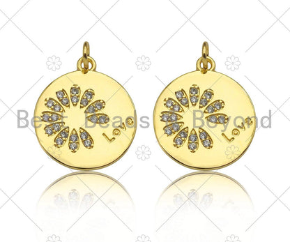 Gold Filled CZ Micro Pave Daisy Flower On Coin Shape Pendant,18K Gold Filled Lover Word Charm, Necklace Bracelet Charm,18x20mm,Sku#LK339