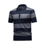 Men's Navy & Grey Horizontal Striped Knit Polo Shirt, Short Sleeve Casual Top