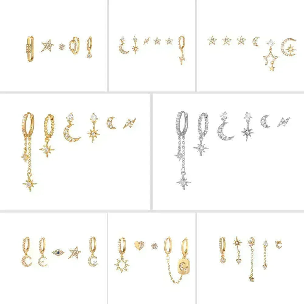 Stacking 5 Pieces Starry Clasp Earring Set, 18k Gold Stud Drop Hoop, S925 Needle, Stacked Lobe Designs with Dazzling Zirconia