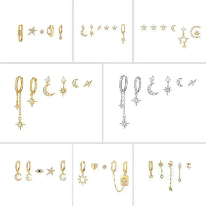 Stacking 5 Pieces Starry Clasp Earring Set, 18k Gold Stud Drop Hoop, S925 Needle, Stacked Lobe Designs with Dazzling Zirconia