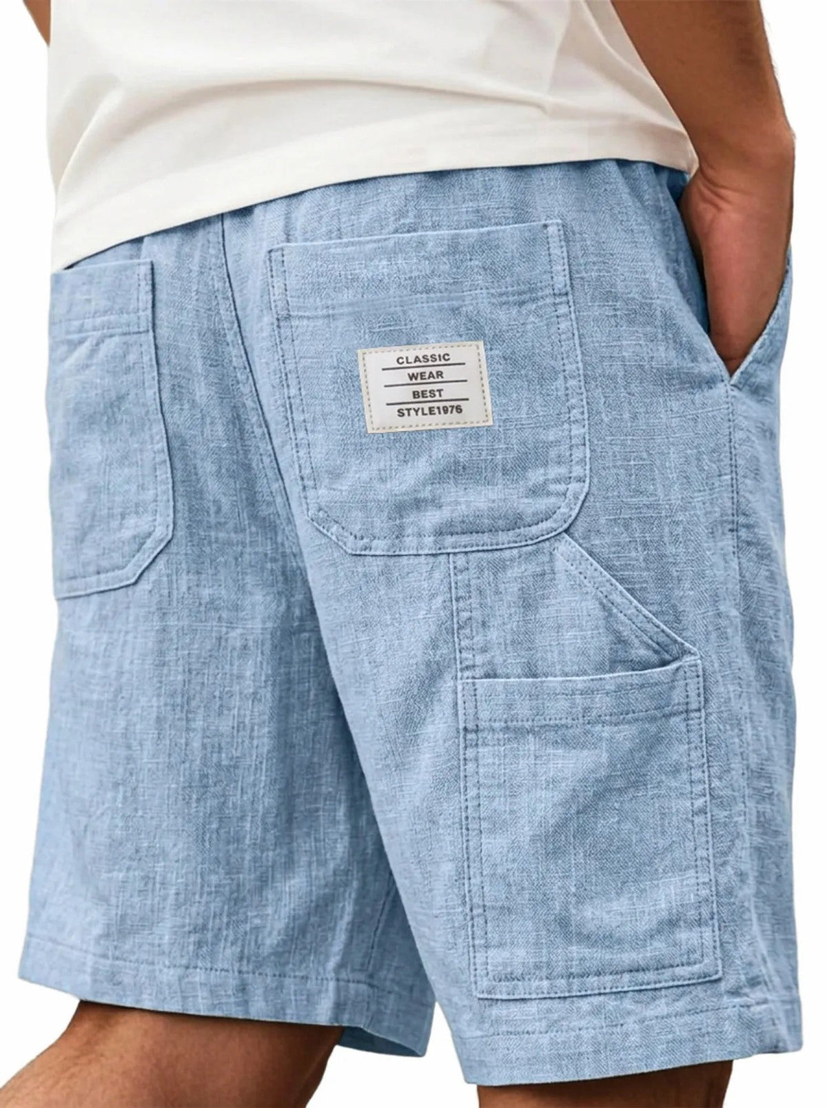 Mens Solid-Color Bamboo-Texture Linen Multi-Pocket Shorts