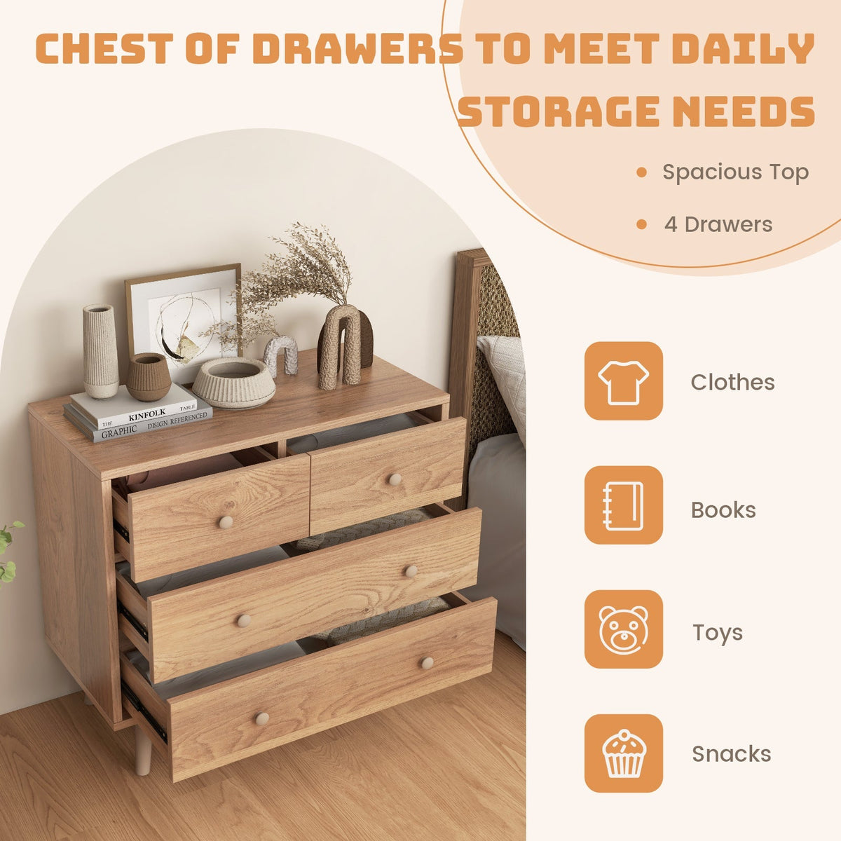 4-Drawer Dresser Cabinet Storage Organizer Rubber Leg with Rail-Natural