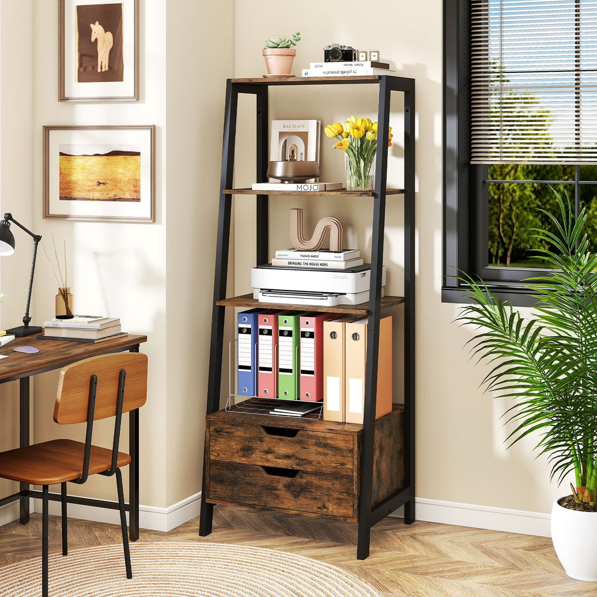 4-Tier Ladder Shelf with 2 Drawers 52.5 Inch Tall Freestanding Bookcase