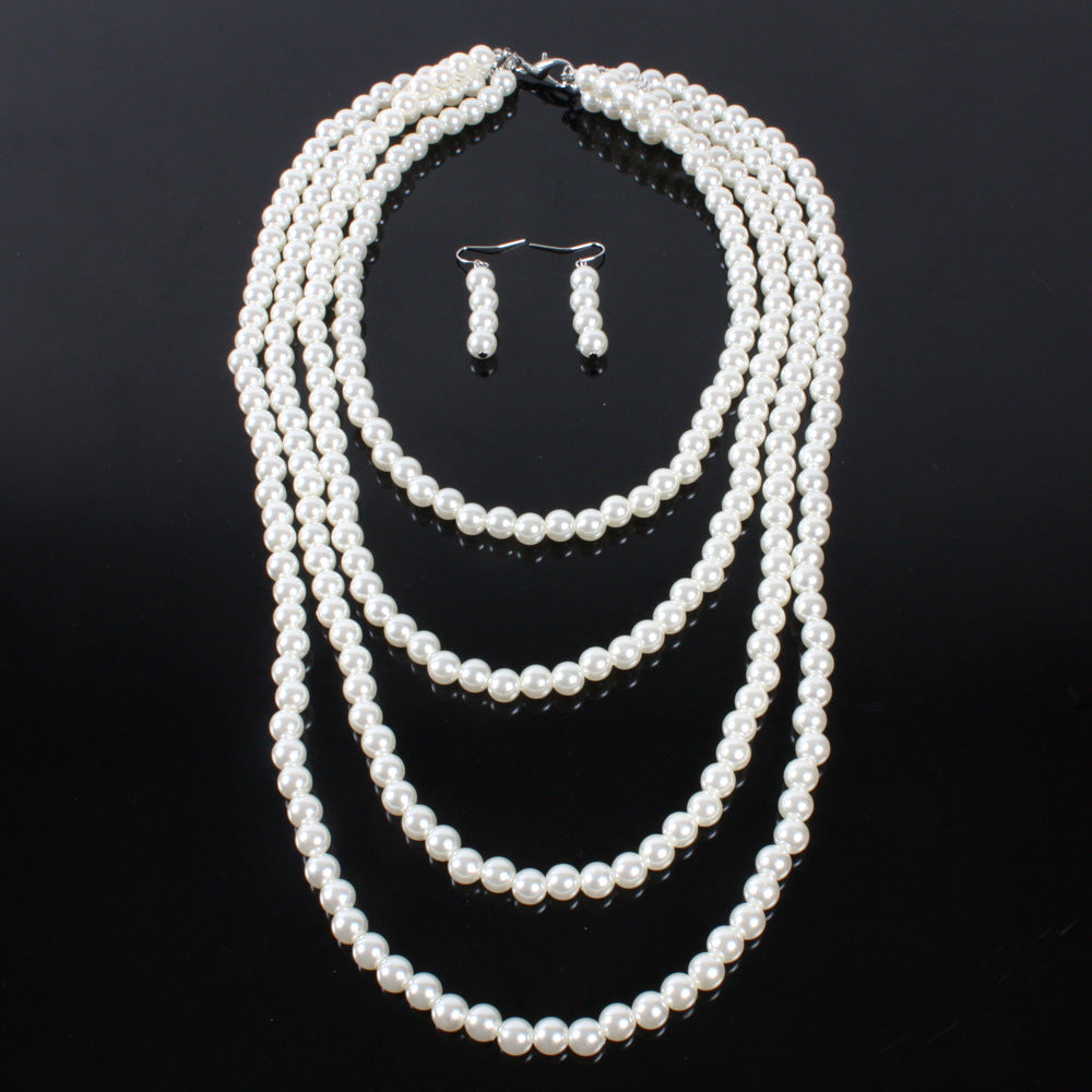 Pearl Necklace Earring Set Multilayer Strand Chain Faux Pearls Jewelry Set