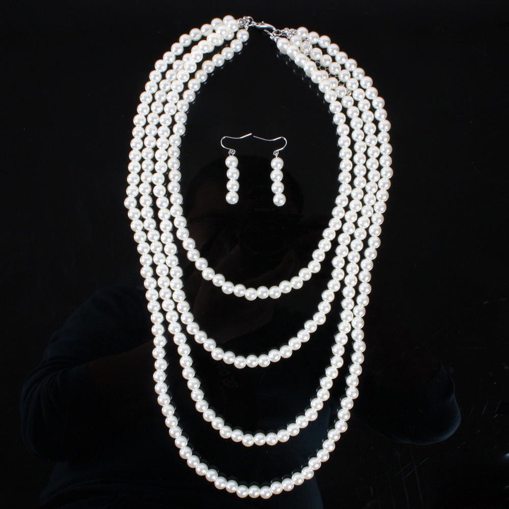 Pearl Necklace Earring Set Multilayer Strand Chain Faux Pearls Jewelry Set