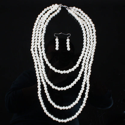 Pearl Necklace Earring Set Multilayer Strand Chain Faux Pearls Jewelry Set