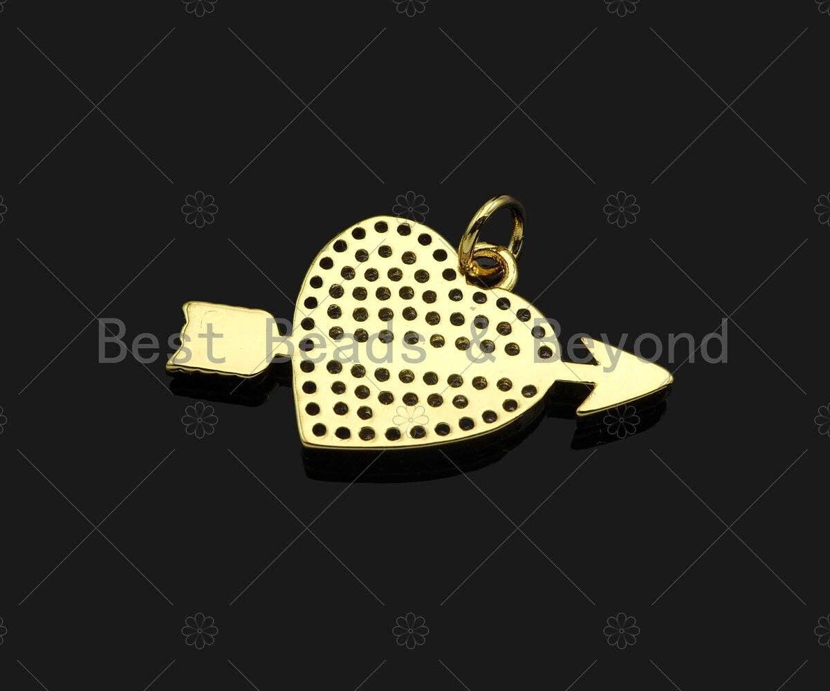 CZ Micro Pave Cupid Arrow On Heart Shape Pendant,Cubic Zirconia Dainty Gold Charm, Necklace Bracelet Charm Pendant,25x18mm, Sku#LK271