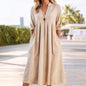 Womens Relaxed-fit Vintage Cotton-Linen Long-Sleeve V-Neck Dress With Pockets