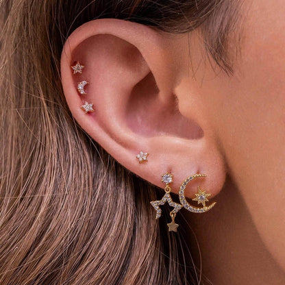 Stacking 6 Pieces Crystal Cascade Drops Earring Set, 18k Gold Hoop with Drops, S925 Needle, Stacked Lobe Designs with Dazzling Zirconia