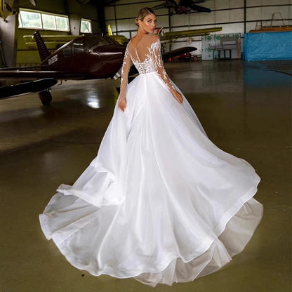 Embroidered Long Sleeve Off-the-shoulder Wedding Dress