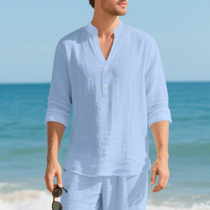 Autumn Linen Men's Long-Sleeve T-Shirt With Stand Collar And Buttons