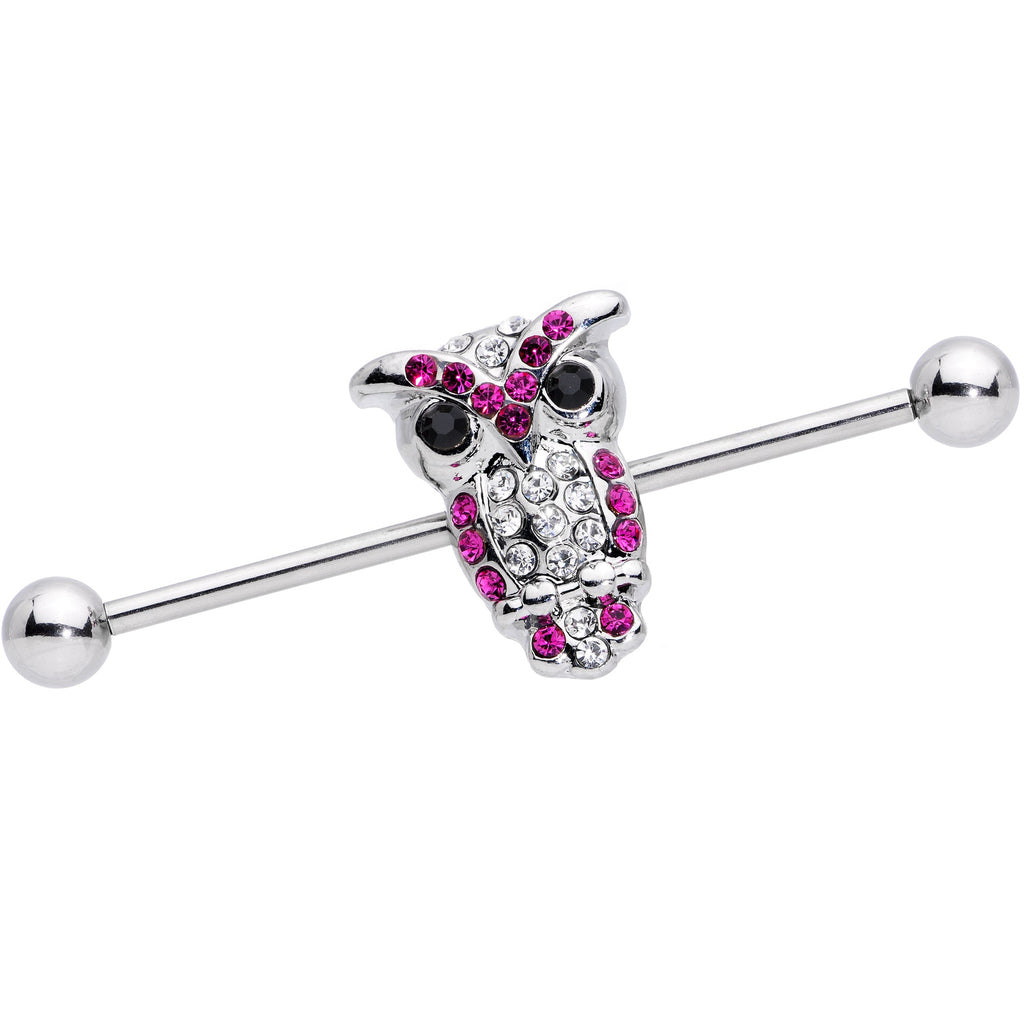 Pink and Clear Gem Paved Owl Industrial Barbell 37mm