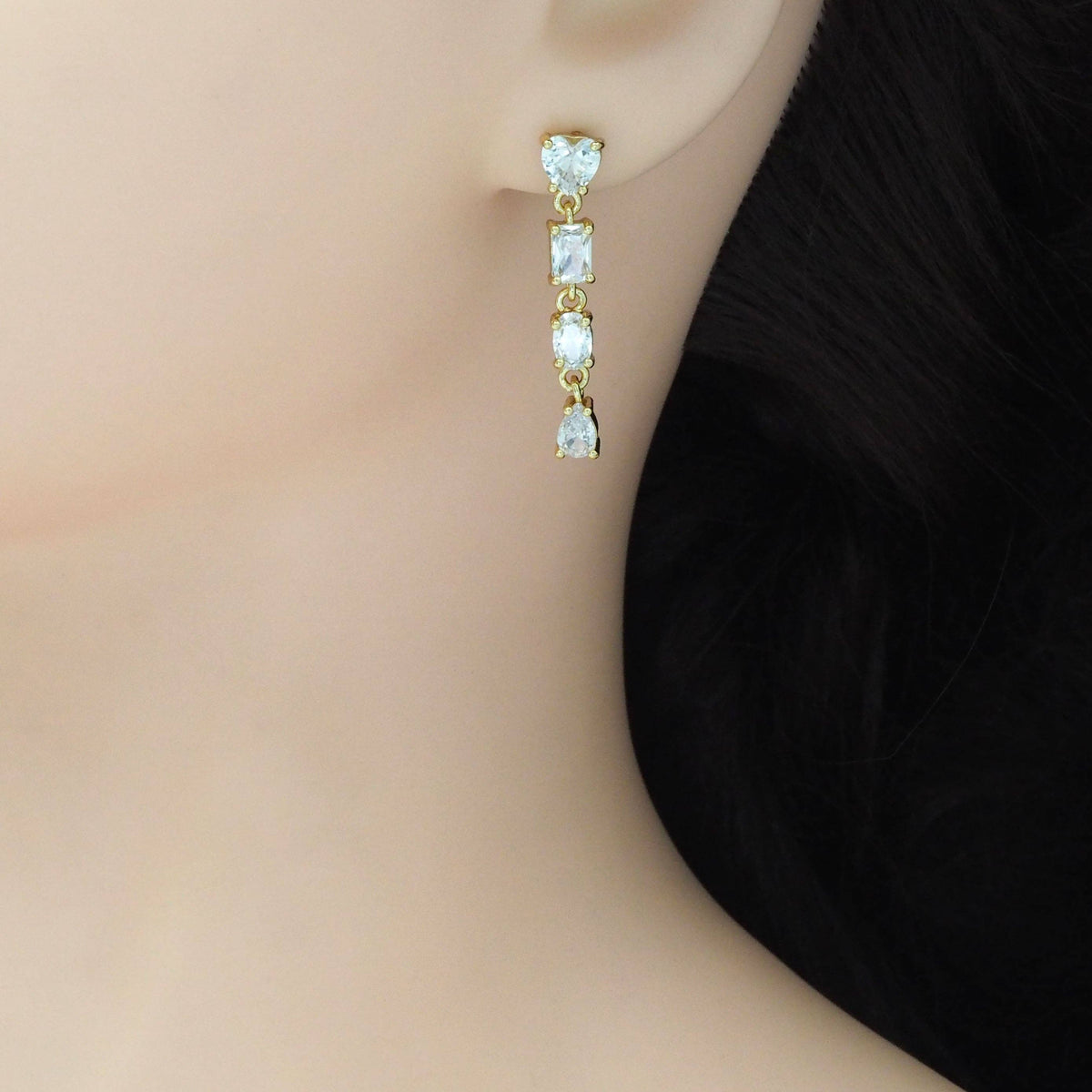 Clear CZ Heart Square Oval Teardrop Shape Dangle Earrings, Sku#LD500