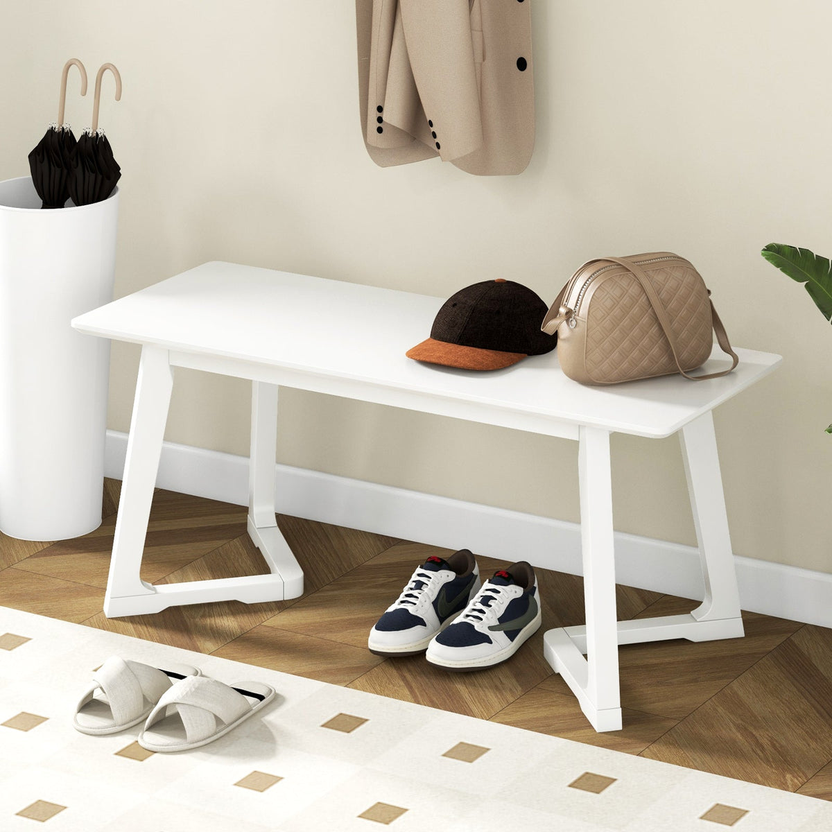 42 Inch Modern Entryway Bench Long Dining Bench with Rubber Wood Legs-White