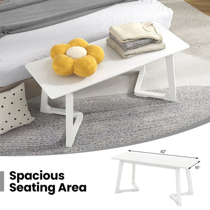 42 Inch Modern Entryway Bench Long Dining Bench with Rubber Wood Legs-White