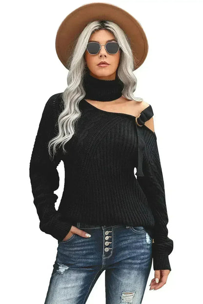 Winter Black Strapped Cut out Shoulder Turtleneck Sweater