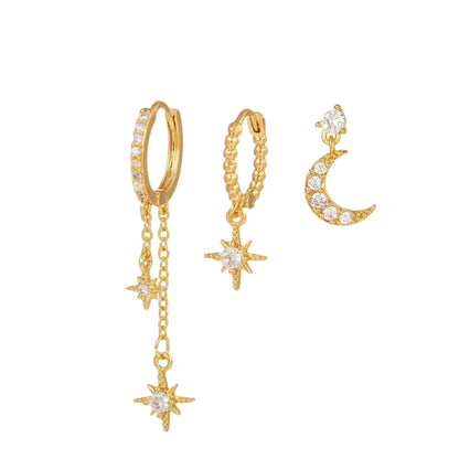Multi Sets of Chic Star&Moon Earrings, 3-6pcs, 18k Gold Plated Stud Drop Hoop Huggie Cuff Chain, S925 Needle