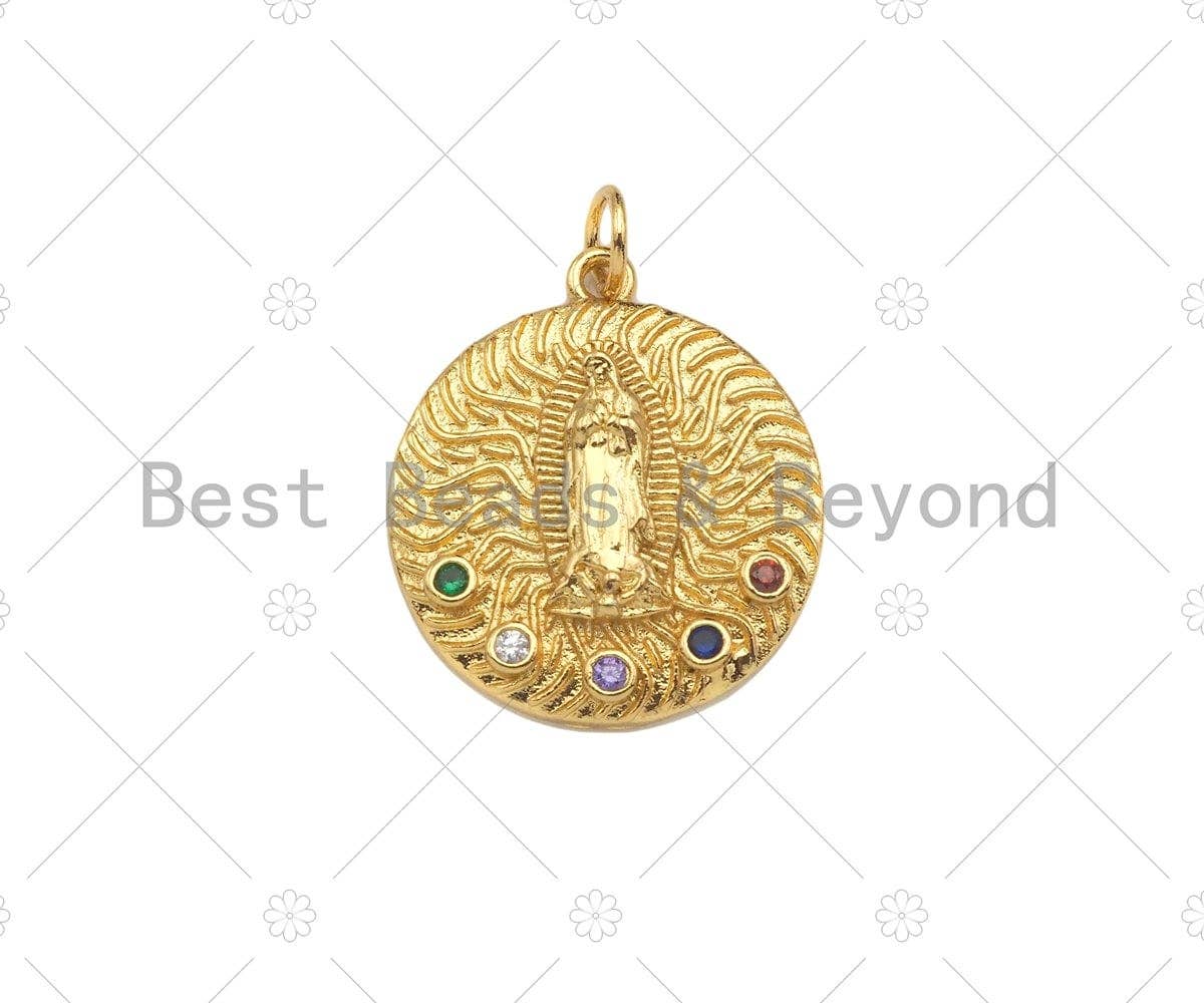 Colorful CZ Micro Pave Virgin Mary On Round Coin Shape Pendant,18K Dainty Gold Medallion Charm, Necklace Bracelet Charm,19x21mm,Sku#JL45