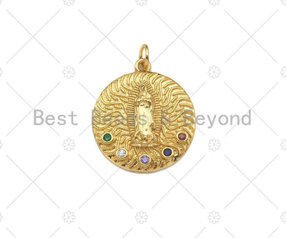 Colorful CZ Micro Pave Virgin Mary On Round Coin Shape Pendant,18K Dainty Gold Medallion Charm, Necklace Bracelet Charm,19x21mm,Sku#JL45