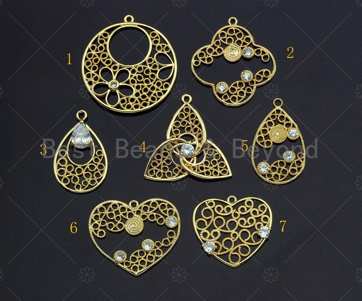 Filigree Gold Lacy Charm with CZ Stone, Round/heart/Teardrop/Windmill Brushed Gold Twisted Wire Charm Pendants, Earrings making, sku#CP13