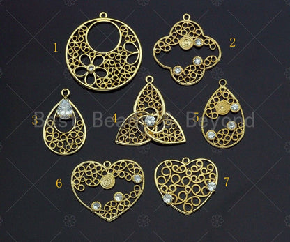 Filigree Gold Lacy Charm with CZ Stone, Round/heart/Teardrop/Windmill Brushed Gold Twisted Wire Charm Pendants, Earrings making, sku#CP13