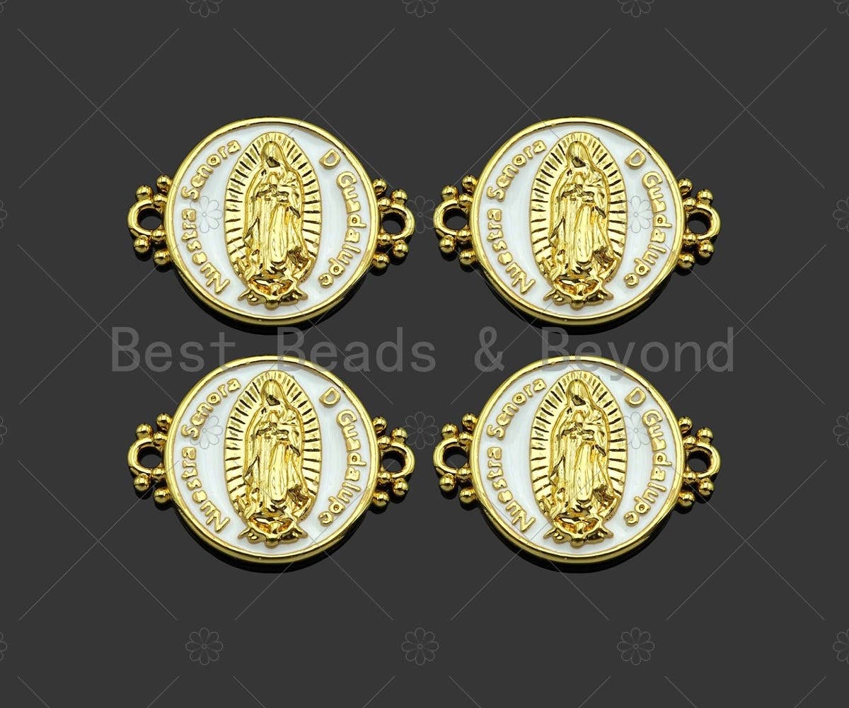 Gold Filled White Enamel Virgin Mary On Round Coin Shape Connector, 18K Gold Filled Enamel Link, Enamel Jewelry, 22x17mm,Sku#LD108