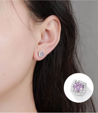 S925 Magnetic Multicolor Moissanite Square Halo Stud Earrings for Men Women, 0.5/1ct Round Cut