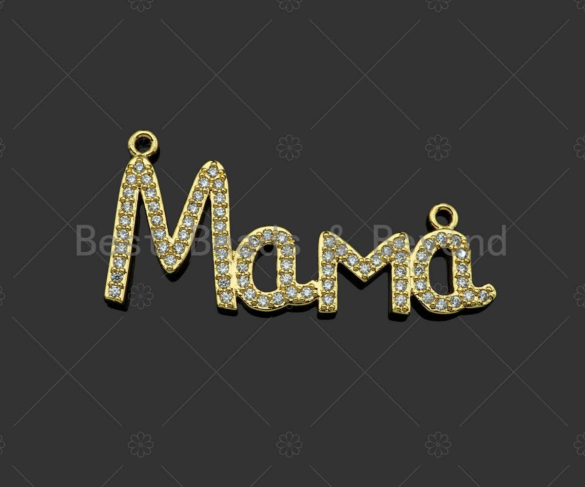 Gold Filled CZ Micro Pave Mama Word Pendant, 18K Gold Filled Mama Charm, Mother's Day Gift, Necklace Bracelet Pendant, 39x18mm,Sku#LD91