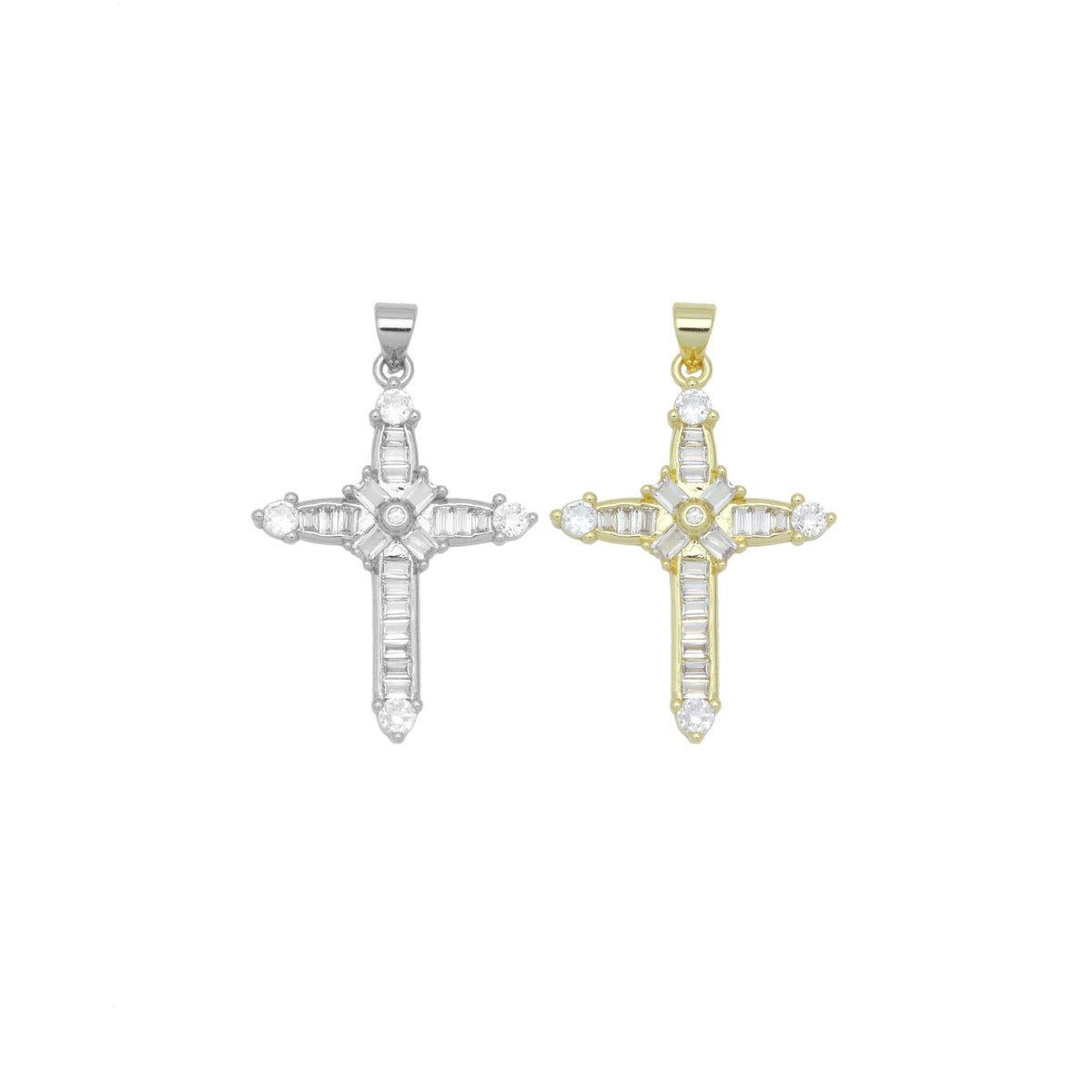 Gold Clear Baguette CZ Cross Charm Pendant, Sku#LD638