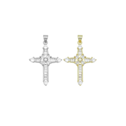 Gold Clear Baguette CZ Cross Charm Pendant, Sku#LD638