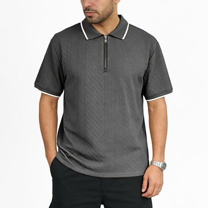 Mens Jacquard Loose-Fit Short-Sleeve Zip-Up Polo Shirt