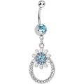 Aqua Crystalline Gem Paved Ring Bursting Flower Dangle Belly Ring