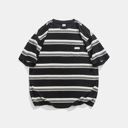 Casual Loose Striped Pocket Round Neck T-shirt
