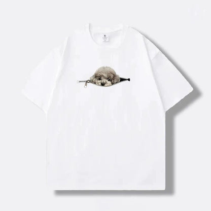 Plus-size Cotton Zip-up Dog-print Casual Summer Couple T-shirts