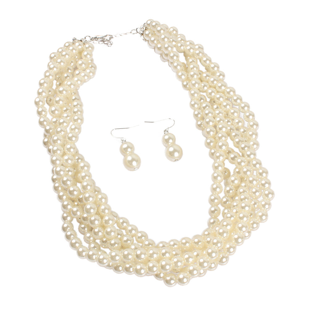 Multilayer Imitation Pearl Earhook Beaded Necklace Short Jewelry Set