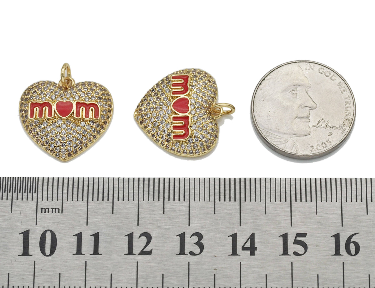 CZ Pave Red Enamel Mom Heart Charm, Mother's day charm, Sku#L716