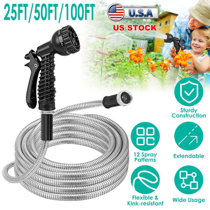 Stainless Steel Garden Hose with 7-Pattern Nozzle