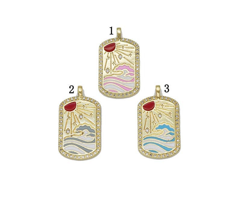 Enamel Sun Rising over the Sea Ocean Waves Tag Charm, Sku#JL146